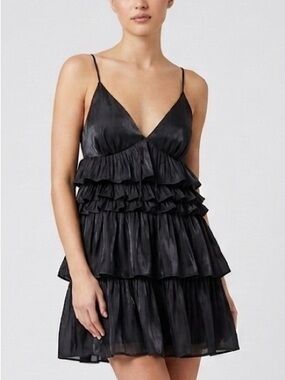 Mustard Seed Black Tiered Ruffle Babydoll Mini Dress Size M Satin Sheer Party